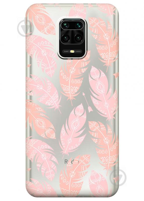 Прозрачный силиконовый чехол iSwag для Xiaomi Redmi Note 9S с рисунком - Розовые перья (M1649)