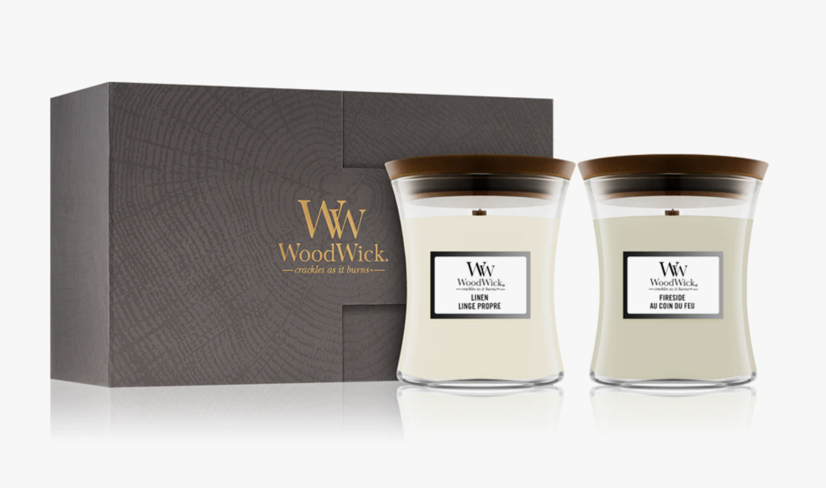 Подарочный набор арома свечей Woodwick Medium Fireside и Linen