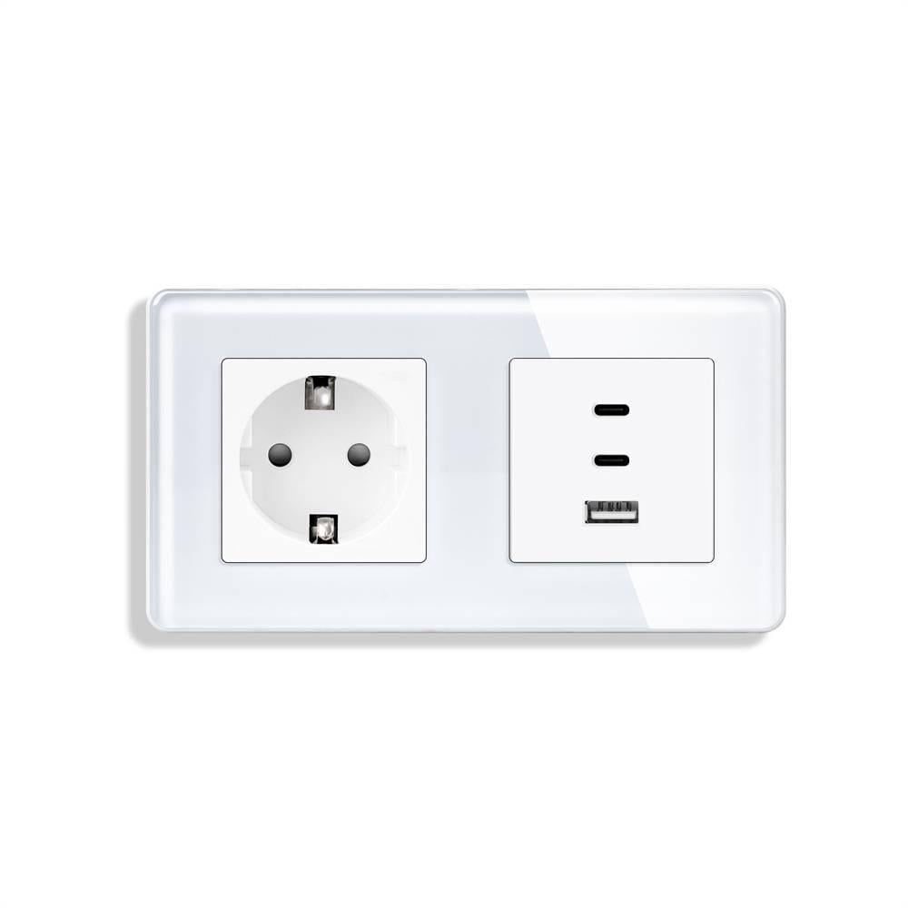 Розетка настенная ELIOS из USB-A/USB-C 65Вт дизайнерская стеклянная рамка Белый (TW-M1F65W-WT)