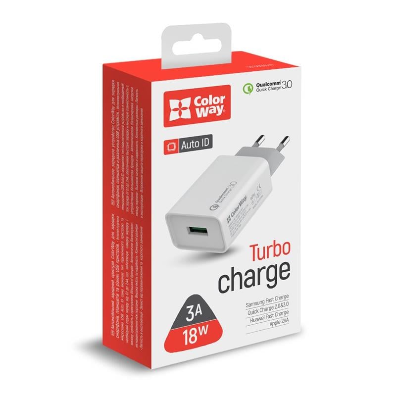 Зарядное устройство сетевое ColorWay USB-A QC 3.0 18 Вт White (CW-CHS013Q-WT) - фото 4 Зарядное устройство сетевое ColorWay USB-A QC 3.0 18 Вт White (CW-CHS013Q-WT) - фото 4