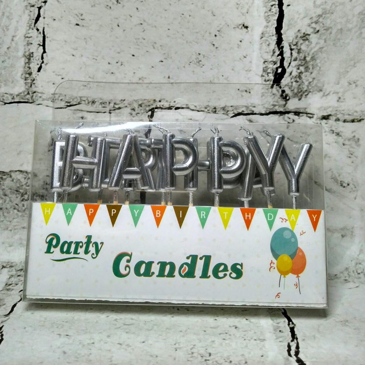 Свечи в торт буквы "Happy birthday" перламутровые Серебристый (5-71401)