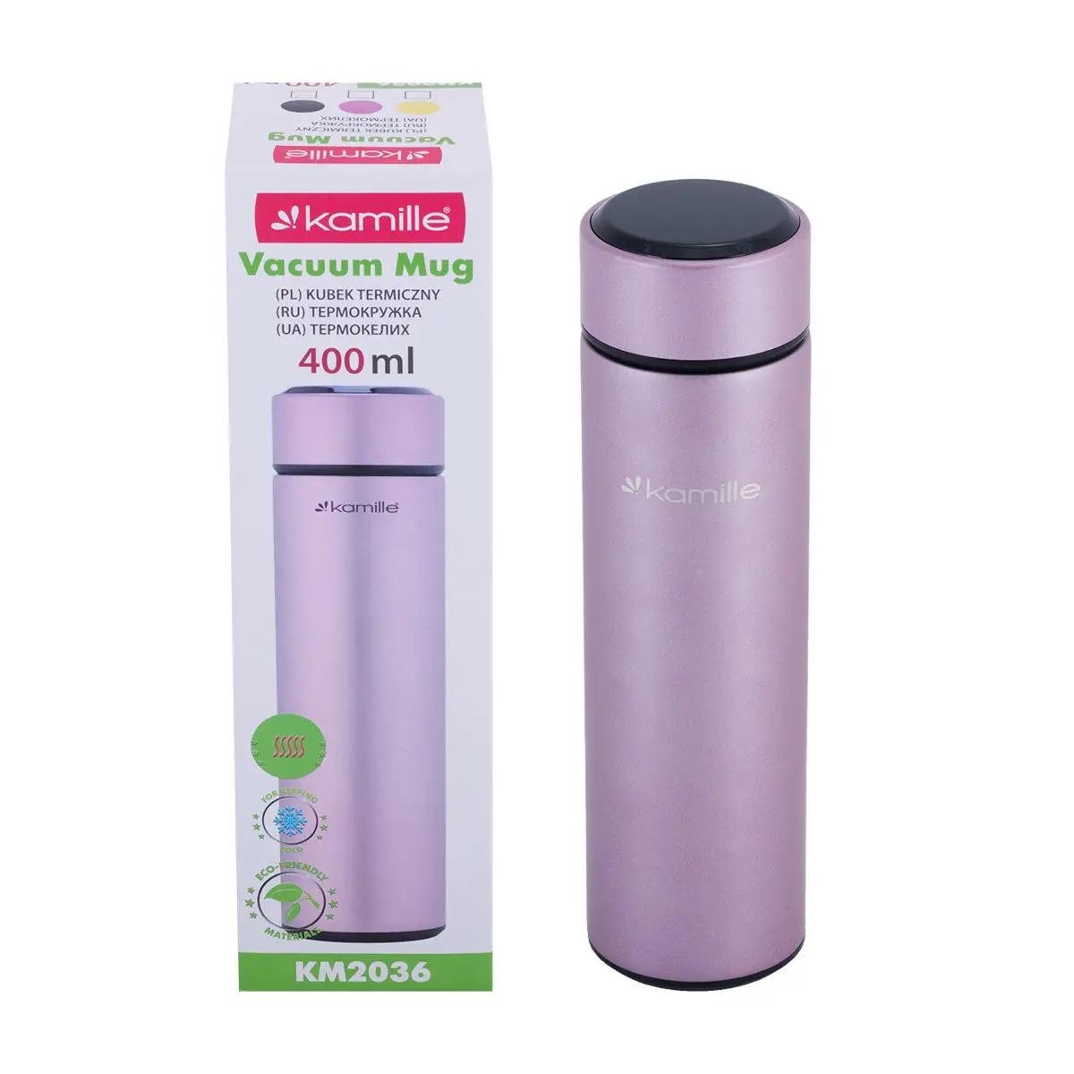 Термос Kamille из нержавеющей стали с датчиком температуры воды 400 мл Розовый (KM-2036)