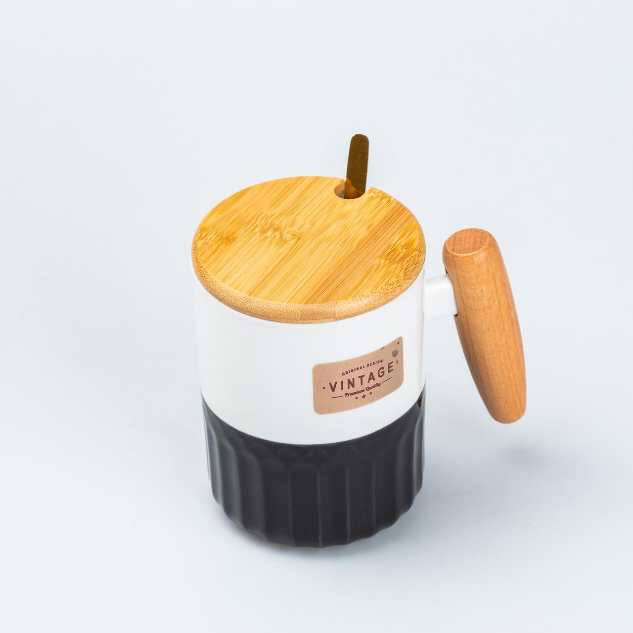 Чашка керамическая с бамбуковой крышкой и ручкой 400 мл Черный (4423)