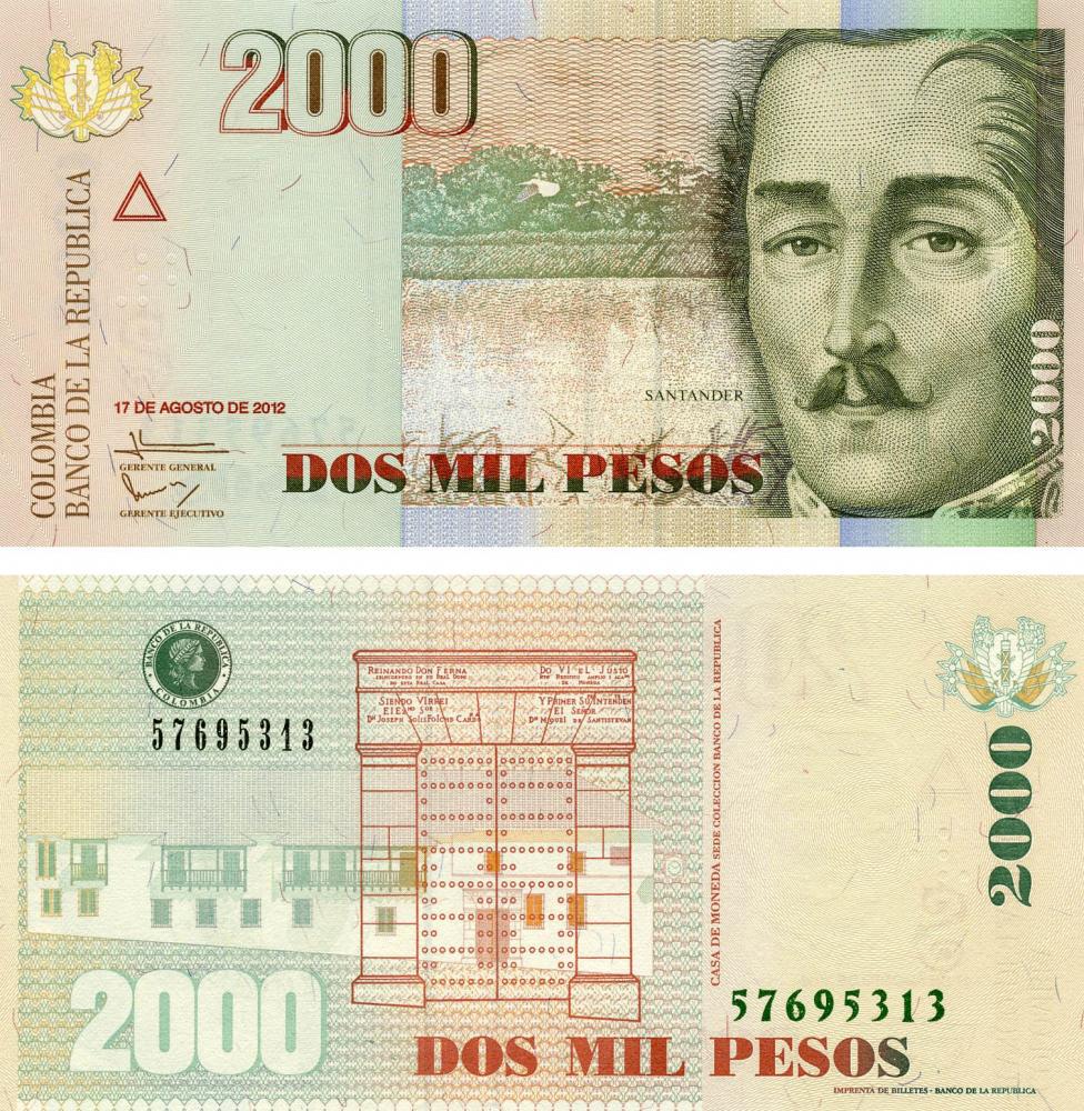 Коллекционная банкнота Колумбия 2000 песо 2012 UNC P457 (Б05532)