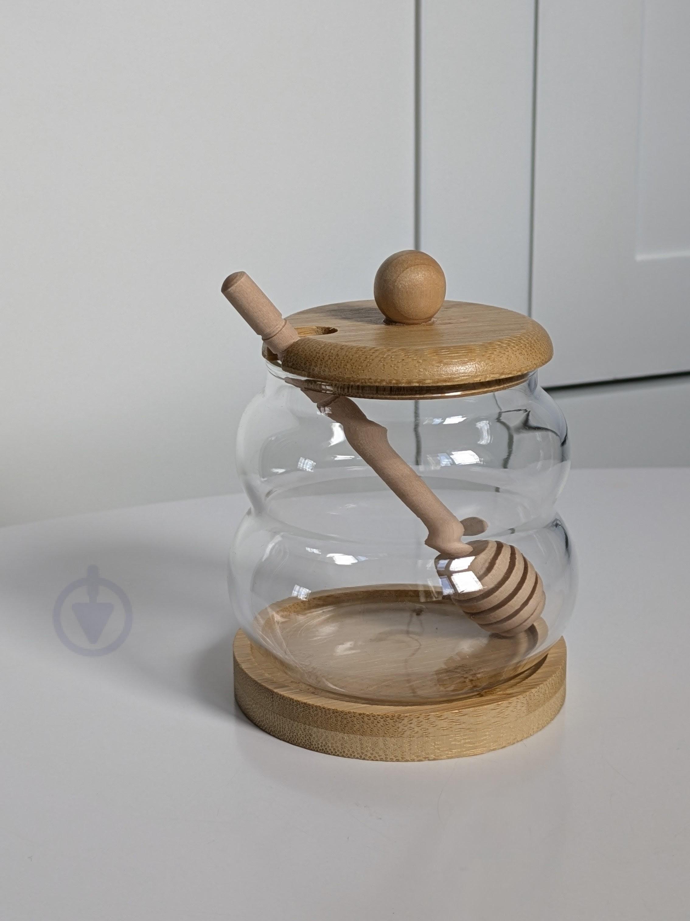 Медівниця з бамбуковою кришкою на підставці 300 мл Прозорий (2207)