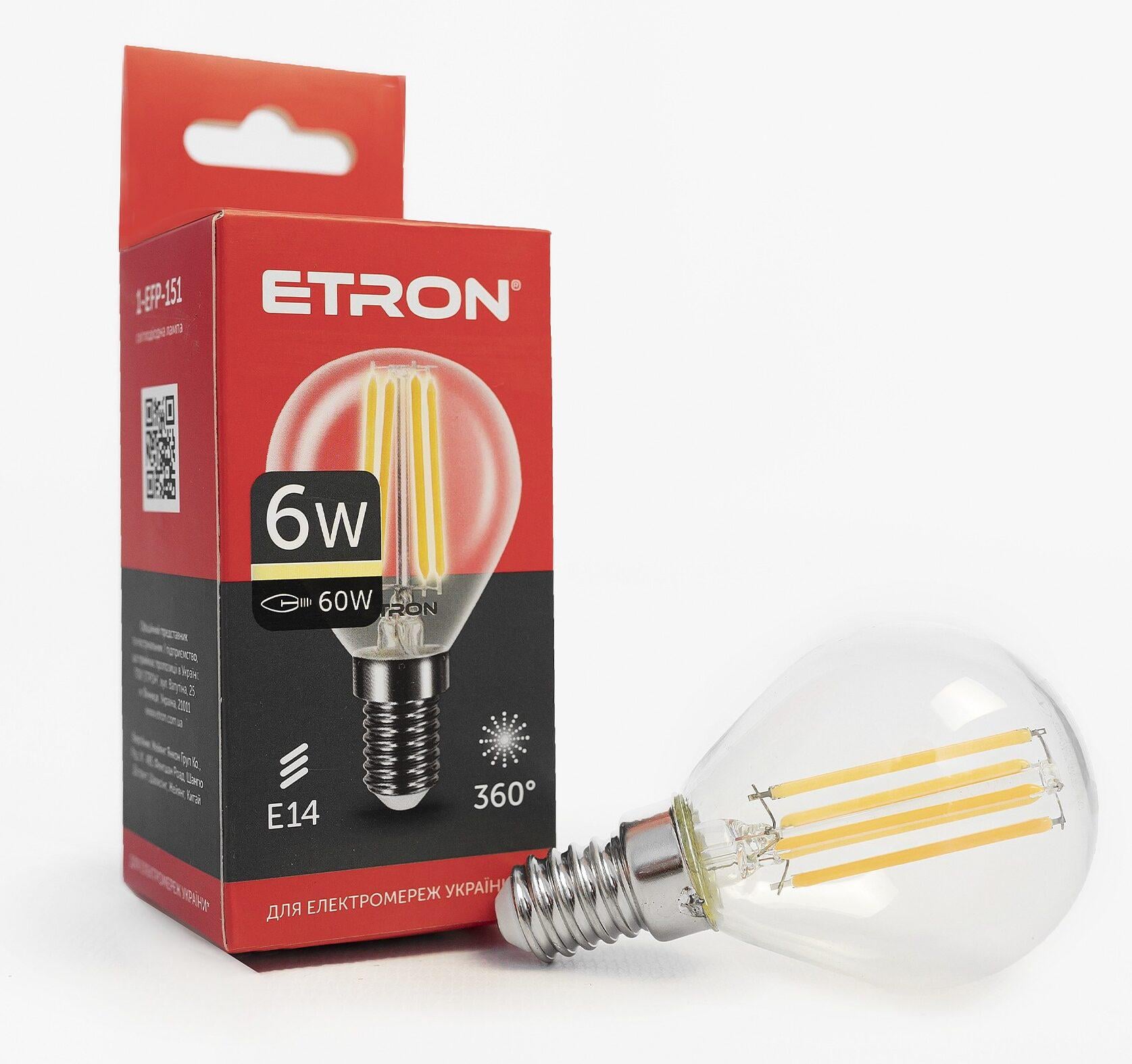 Светодиодная филаментная лампа ETRON Filament G45 6W E14 3000K Прозрачный (13901)