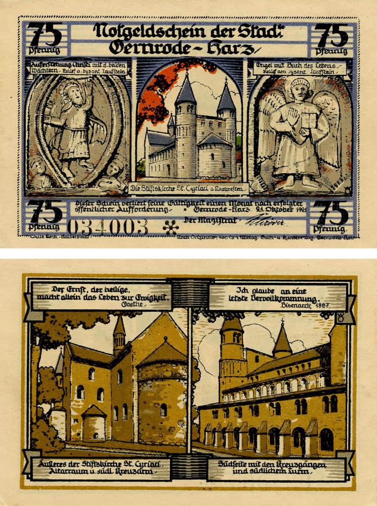 Коллекционная банкнота Германия Нотгельд 75 пфеннигов 1921 F-VF Гернроде Разновидность 1 (Б18612)