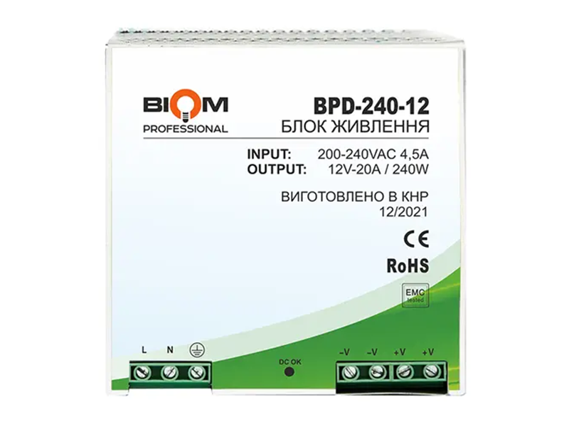 Блок питания Biom на DIN-рейке DC12 BPD-240-12 20A 240W (23500201) Блок питания Biom на DIN-рейке DC12 BPD-240-12 20A 240W (23500201)
