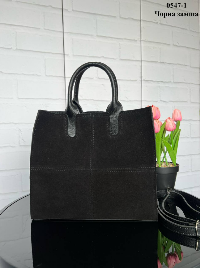 Сумка женская большая через плечо мостика из замши и экокожи вмещает А4 Черный - фото 6