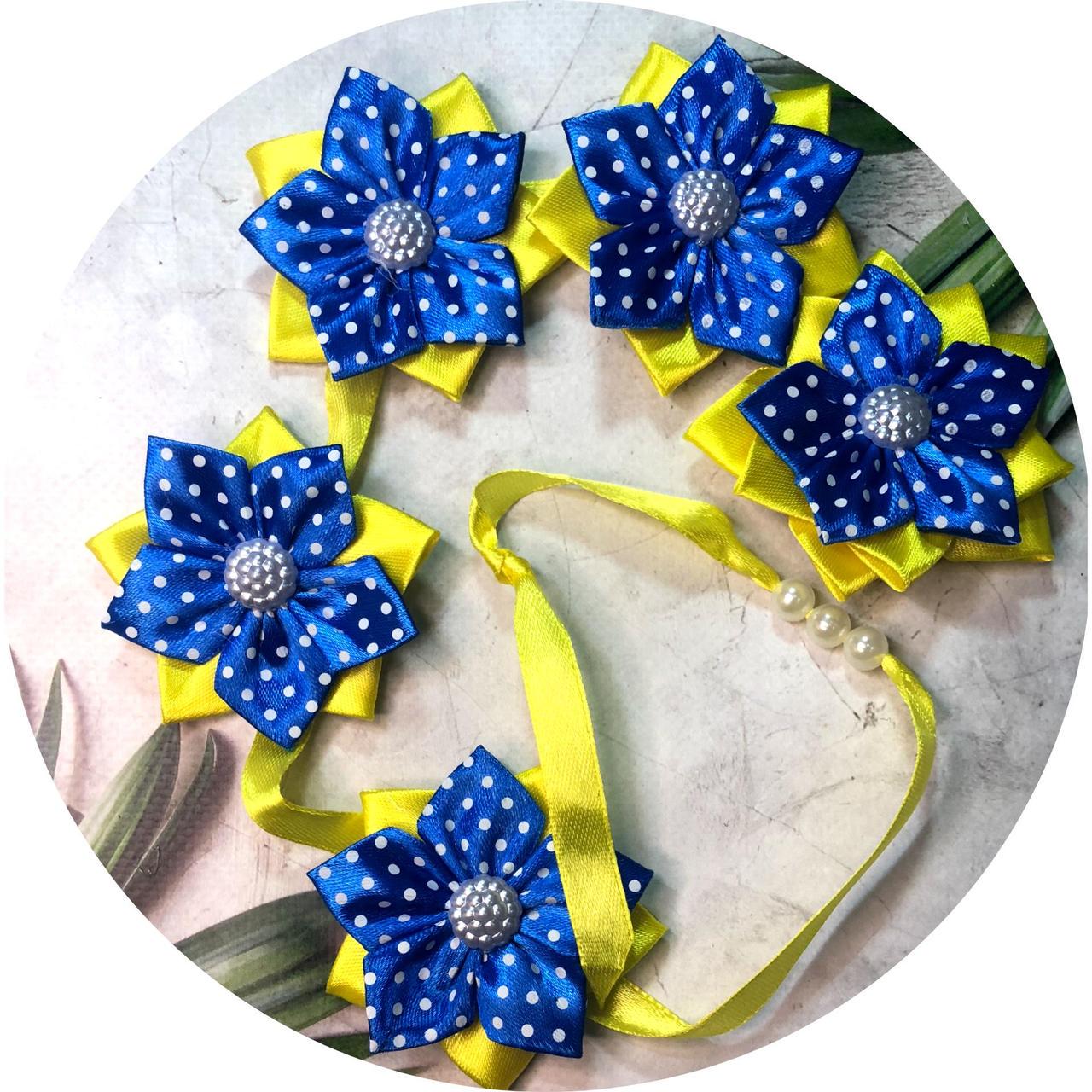 Стрічка в косу з квітками 55х7х6 см Жовто-синій (10806)