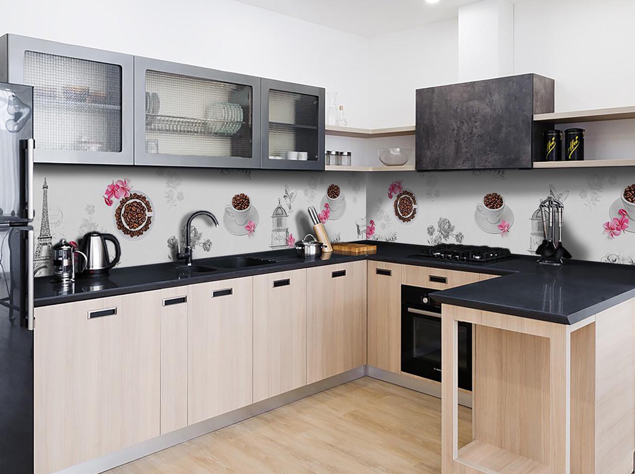 Кухонный фартук Кофе/Чашки из самоклеющейся виниловой пленки 65х250 см Серый