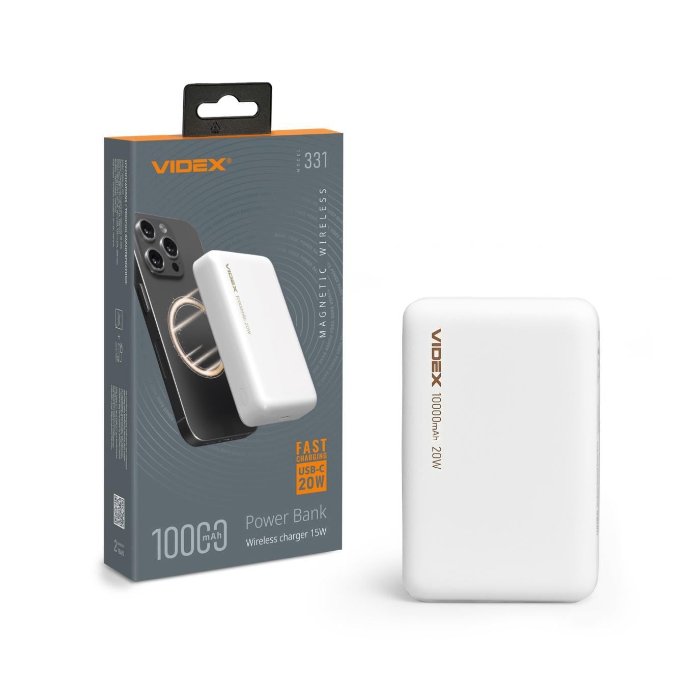 Повербанк с беспроводной зарядкой 10000 mAh VIDEX/PD20 W White (VPB-331)