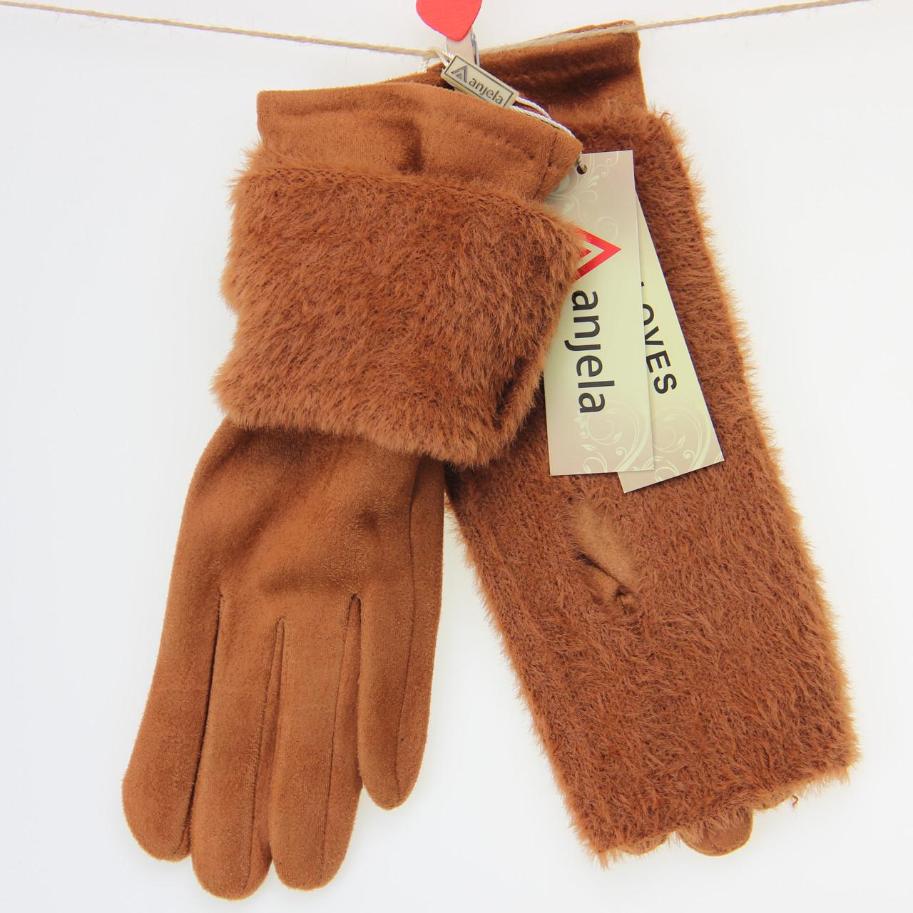 Перчатки женские Травка сенсорные велюровая с накидным верхом S-М Рыжий (33874)