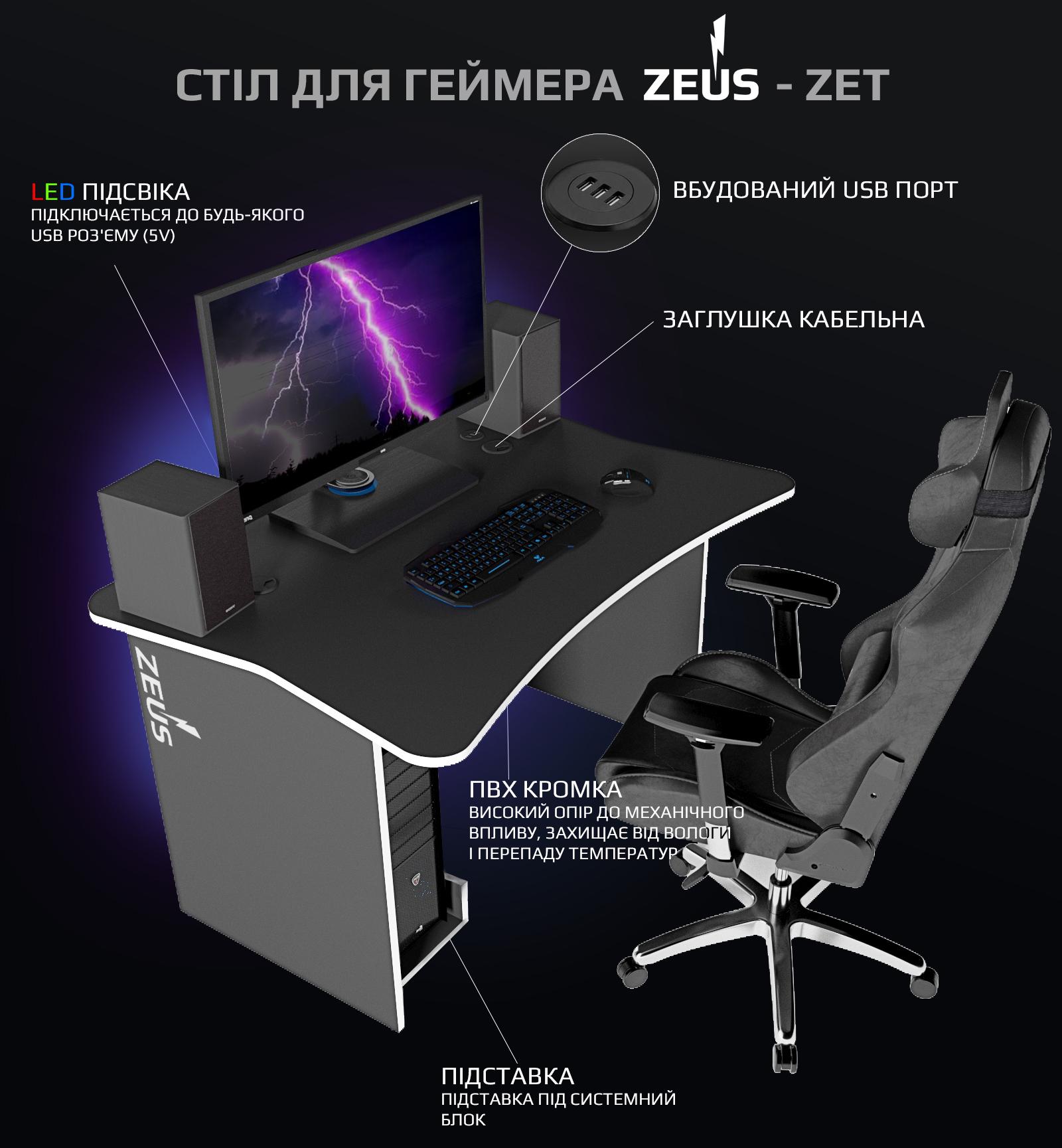 Стол геймерский Zeus Zet-1 ламинированная ДСП Черный/Белый (26089) - фото 6