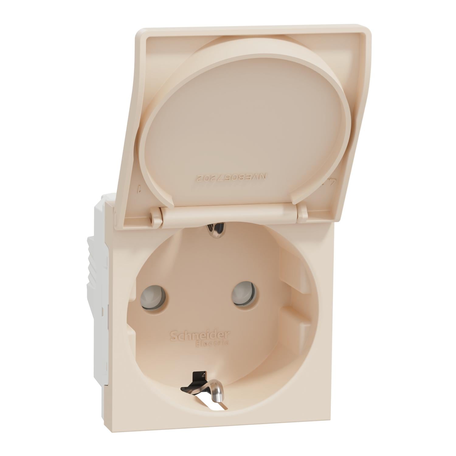 Розетка із заземленням Schneider Electric Unica New 16А з шторками та кришкою Бежевий (NU303744TA)