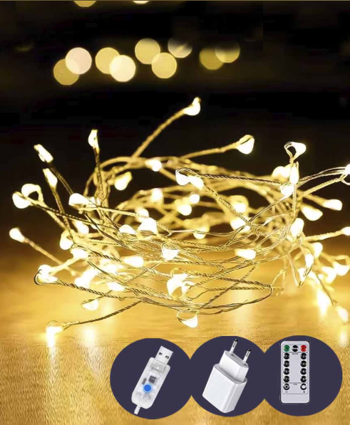 Роса-мишура 10m 500LED, зеленый провод, 8 режимов + USB, пульт ДУ, Теплый белый