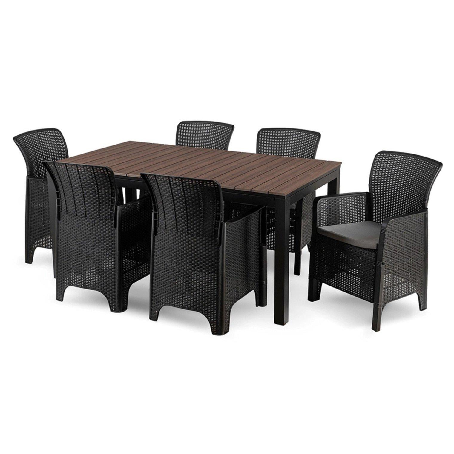 Комплект садовой мебели современный черный MEBEL ELITE ARGOS FRESNO раздвижной стол 6 ротанг кресел Комплект садовой мебели современный черный MEBEL ELITE ARGOS FRESNO раздвижной стол 6 ротанг кресел
