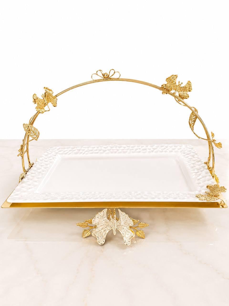 Блюдо сервировочное Royal Grace Т6014LG керамическое на металлической подставке 39х24,5х30 см Белый с золотистым