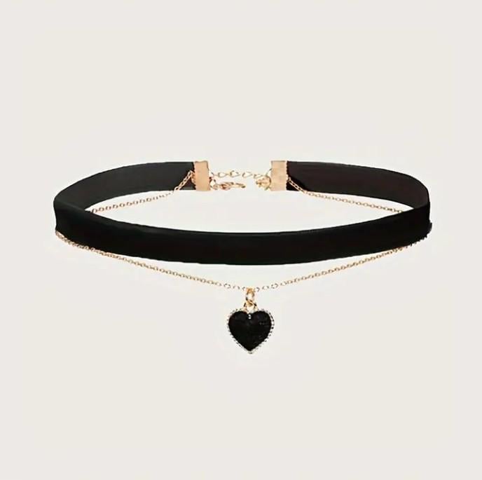 Чокер двухслойный на шею с кулоном Сердце Черный