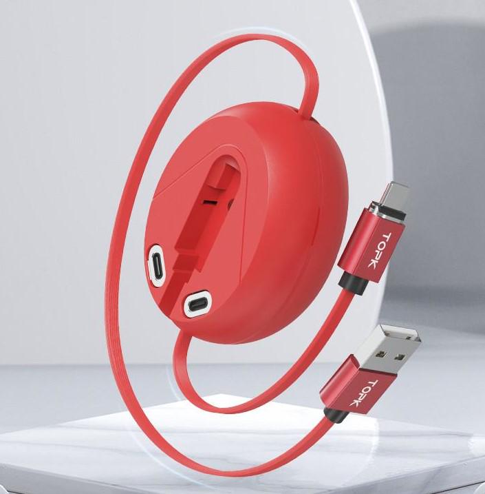 Кабель-рулетка магнітний Topk AM71 3в1 microUSB/Type-C/iPhone Lightning Red (3133030) - фото 2