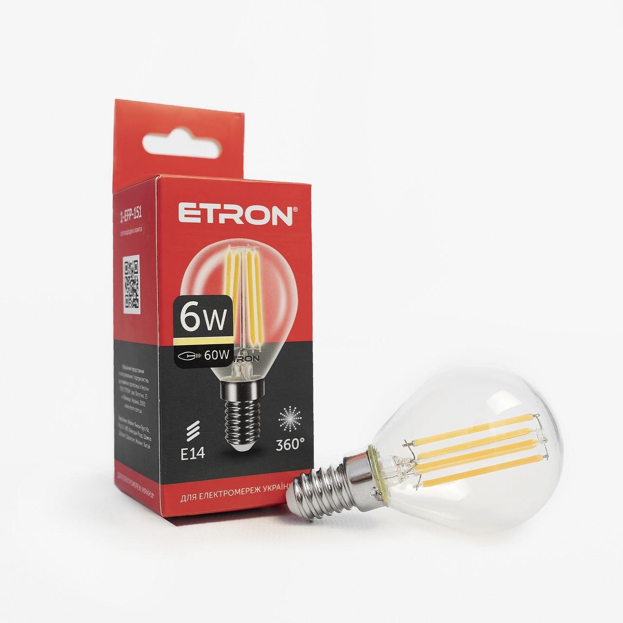 LED лампа ETRON Filament 1-EFP-151 G45 E14 6W 3000 K Прозрачный