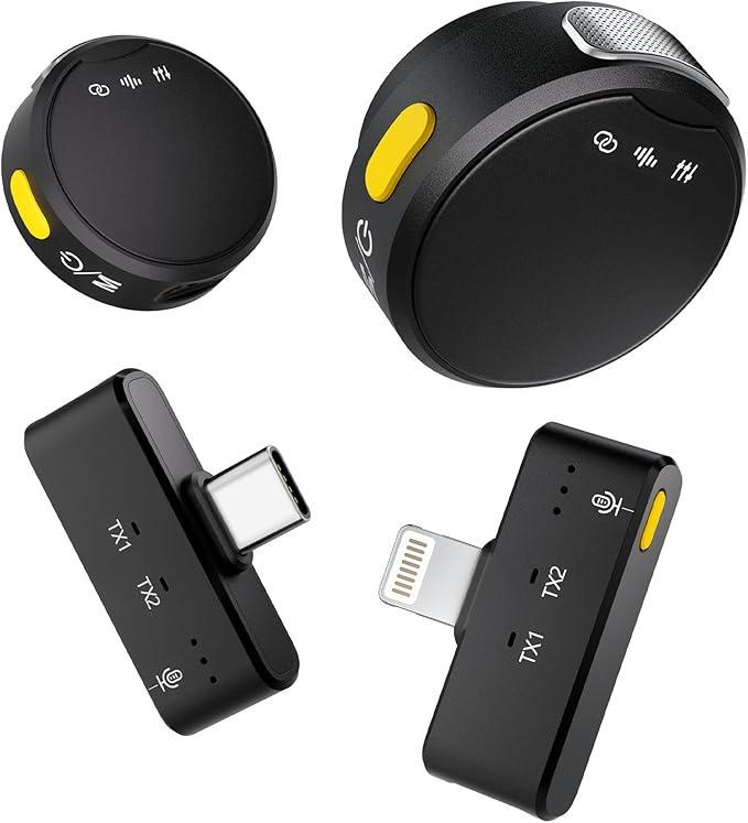 Микрофон петличный беспроводной Savetek M9 2в2 с двумя адаптерами для iPhone/Android Black/Yellow - фото 3