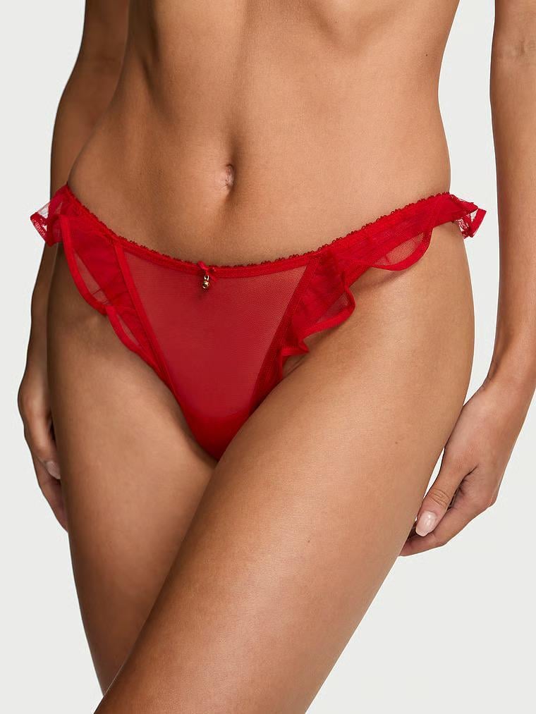 Трусики стринги Victoria's Secret Very Sexy Jingle Belle Ruffled Mesh Thong Panty Lipstick M Красный (27193431)