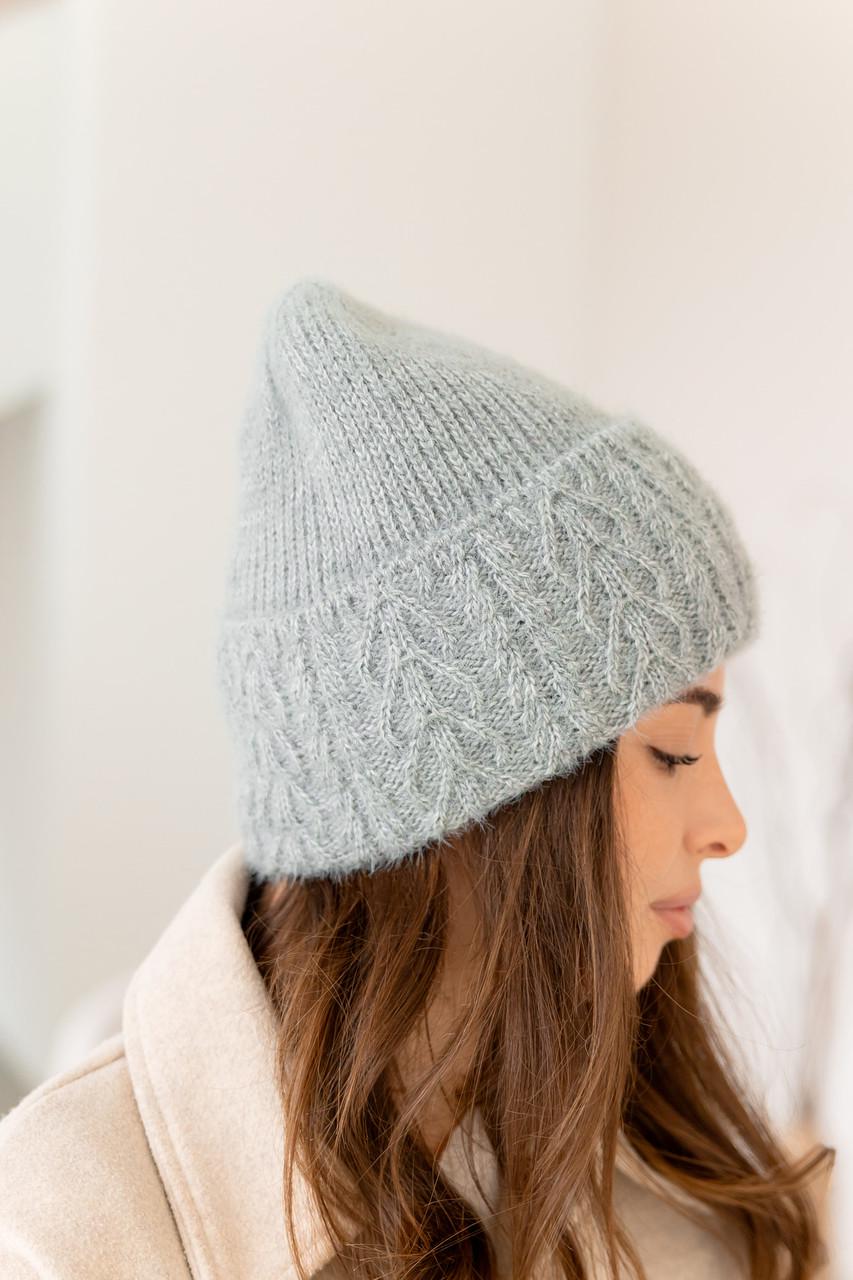 Шапка зимняя женская Лили Травка из ангоры с орнаментом и флисовой подкладкой Серый (2767457113)