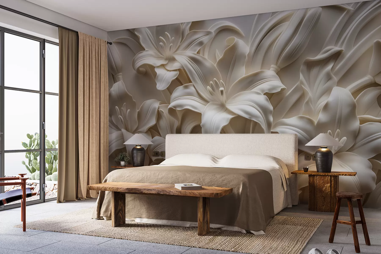 Фотообои флизелиновые Styleo Большие цветы лилии 3D w01433 300х200 см Бежевый