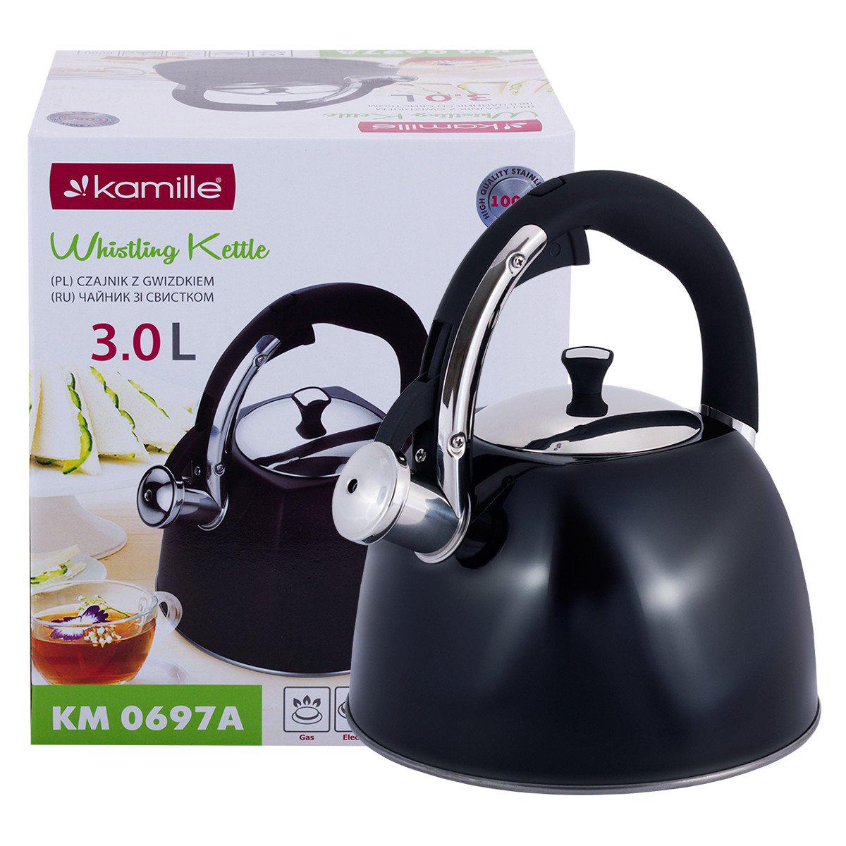 Чайник Kamille 3 л из нержавеющей стали со свистком и черной бакелитовой ручкой Черный KM-0697A