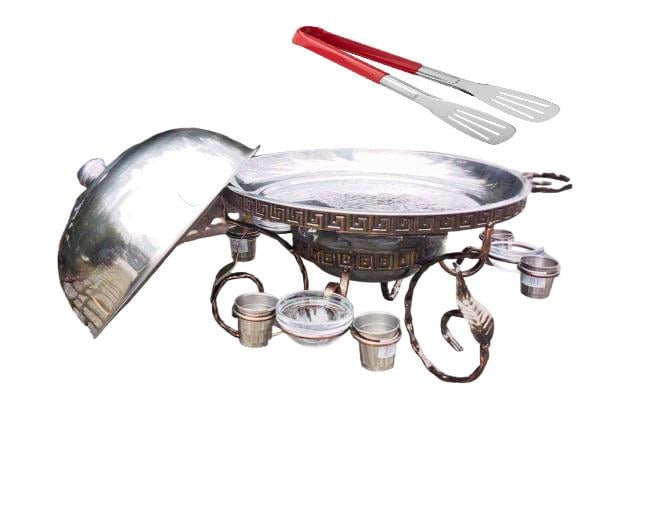 Садж для подачи и подогрева шашлыка Фараон 36 см с соусницами/рюмками/кухонными щипцами (7512) - фото 2 Садж для подачи и подогрева шашлыка Фараон 36 см с соусницами/рюмками/кухонными щипцами (7512) - фото 2