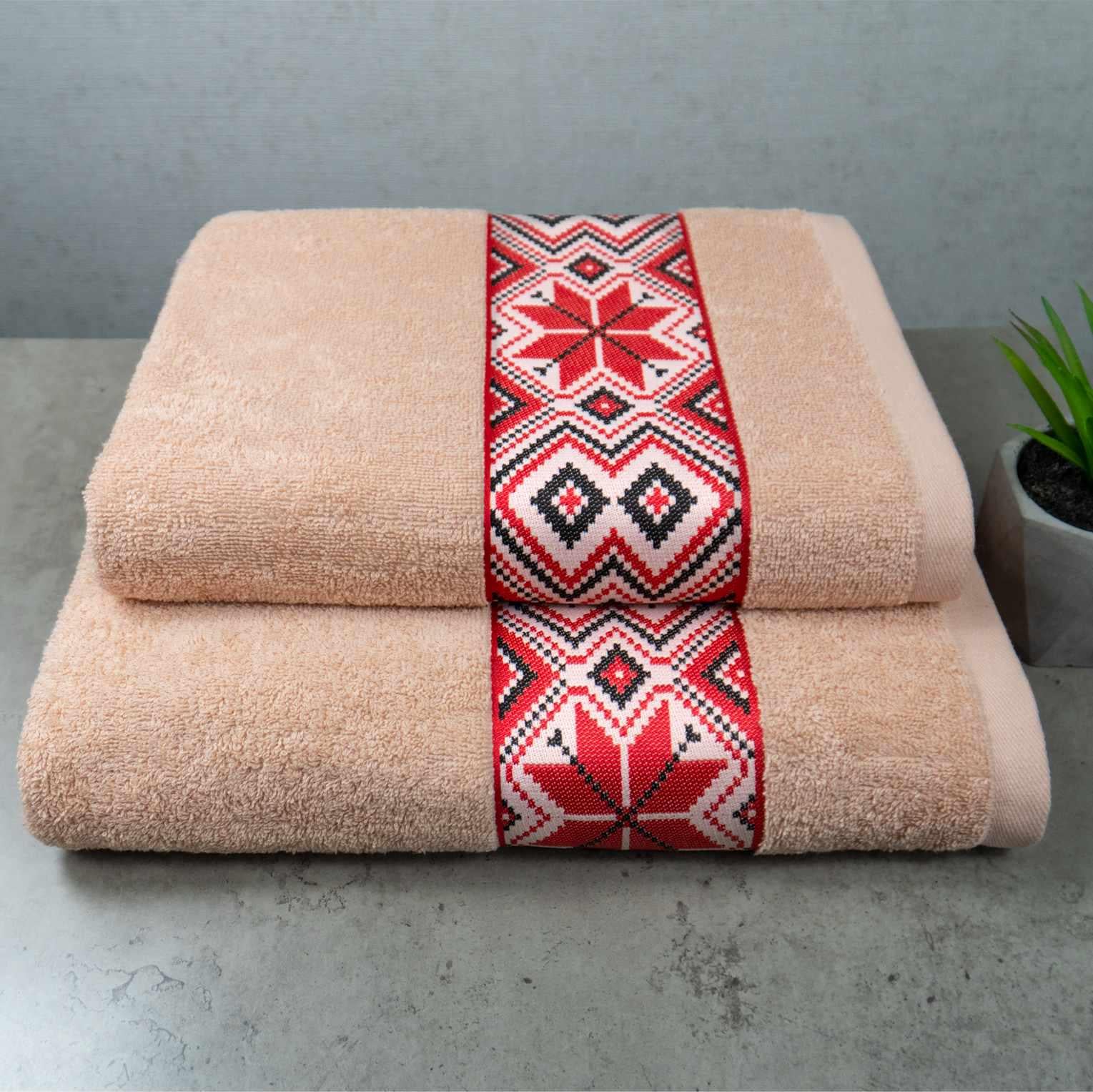 Комплект махровых полотенец GM Textile Ukrainian style с вышивкой 450 г/м2 50х90 см/70х140 см 2 шт. Кремовый (450-k2-Ukr-cream)