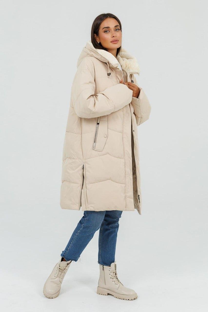 Пуховик-кокон 7254a з хутром р. 50 Молочний - фото 5 Пуховик-кокон 7254a з хутром р. 50 Молочний - фото 5