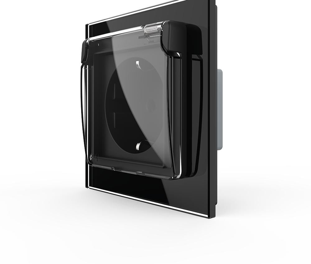 Розетка настенная LIVOLO с крышкой IP44 заземление дизайнерская 250В 16А стеклянная рамка Черный (VL-C7FCTC16A/XW001-2BP)
