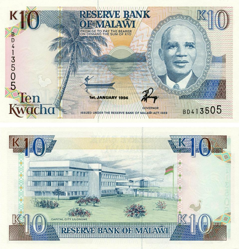 Коллекционная банкнота Малави 10 квача 1994 UNC P25с (Б19099)