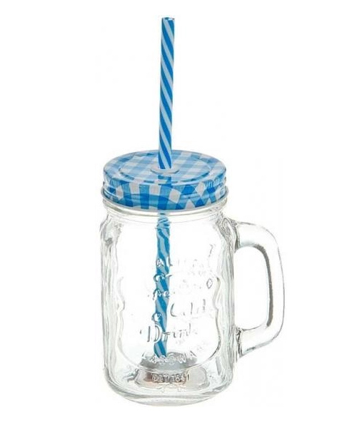 Чашка-банка Stenson R29806 с крышкой и трубочкой 500 мл Blue
