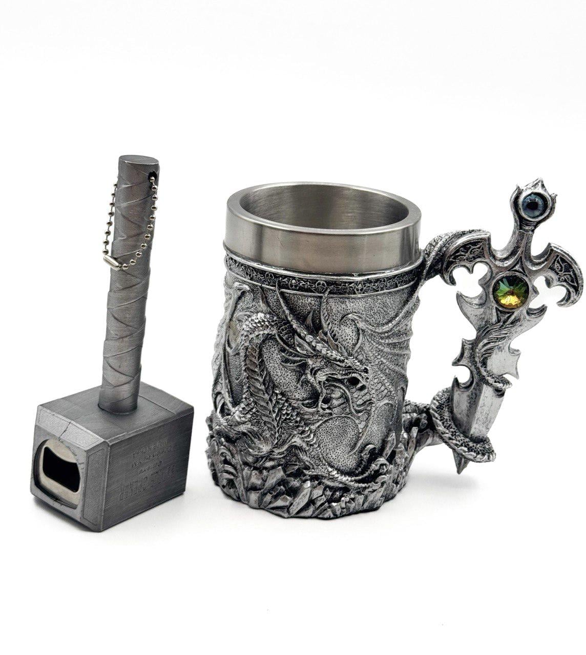 Кружка Серебряный дракон 500 мл и открывалкой для бутылок молот Тора.