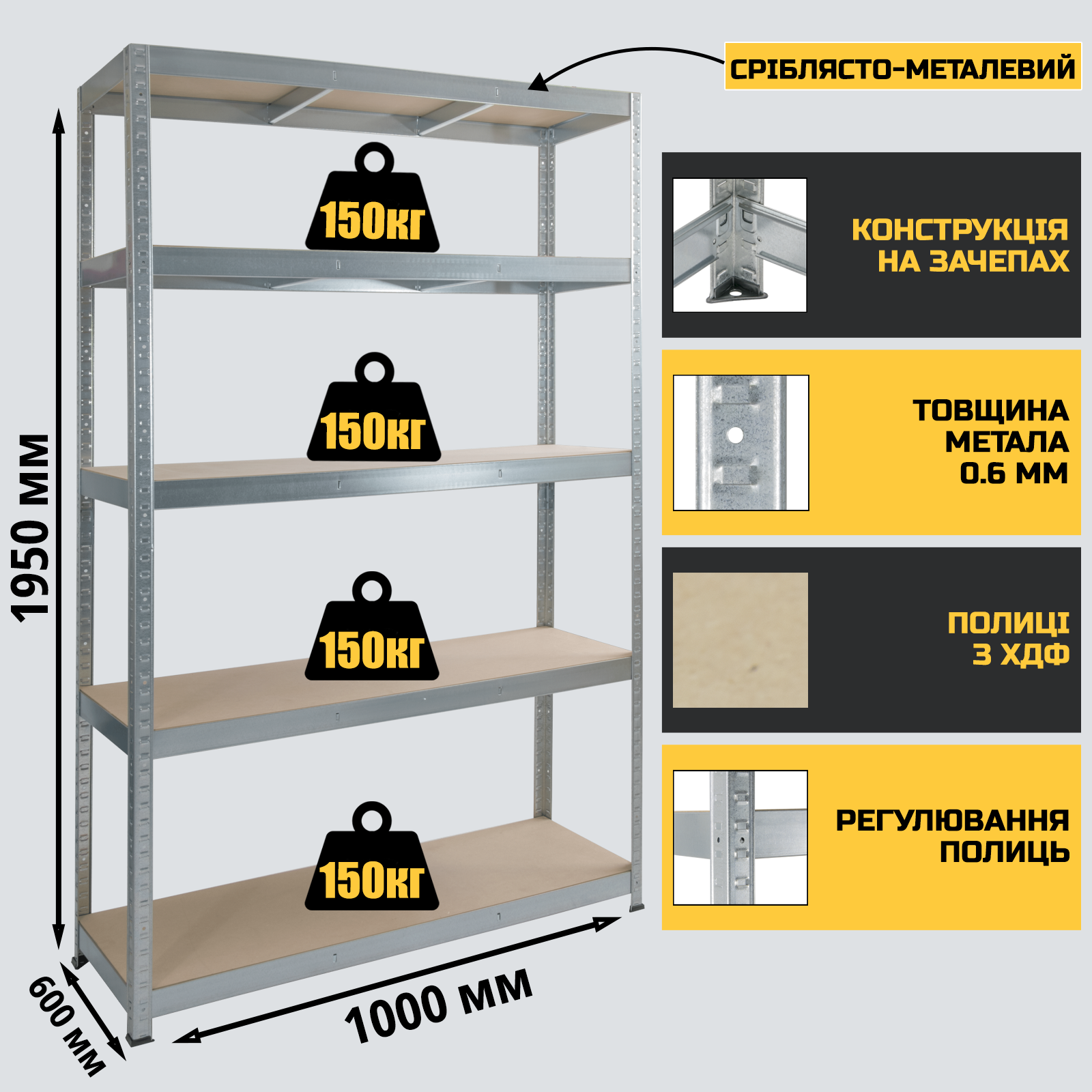 Стеллаж StahlPro Pure 1950x1000x600 мм металлический оцинкованный 5 полок ХДФ - фото 2