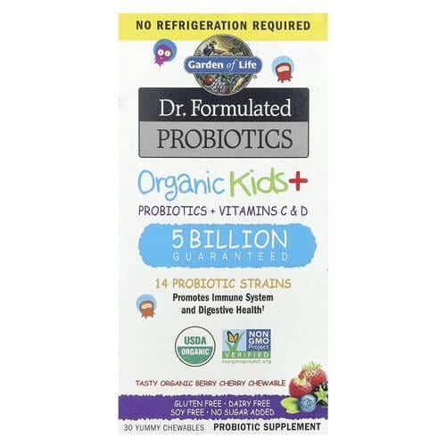 Пробиотики и Энзимы для детей Garden of Life Organic Kids + Probiotics + Vitamins C&D 30 жевательных табл. (GOL-12119)
