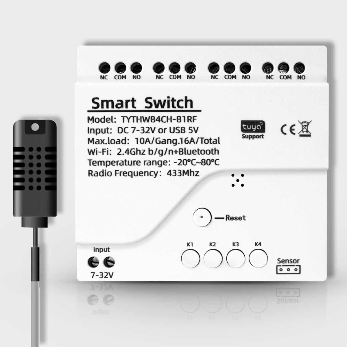 Реле Wi-Fi четырехканальное с сухим контактом и датчиком температуры и влажности Tuya DC 7-32V (WH00831)