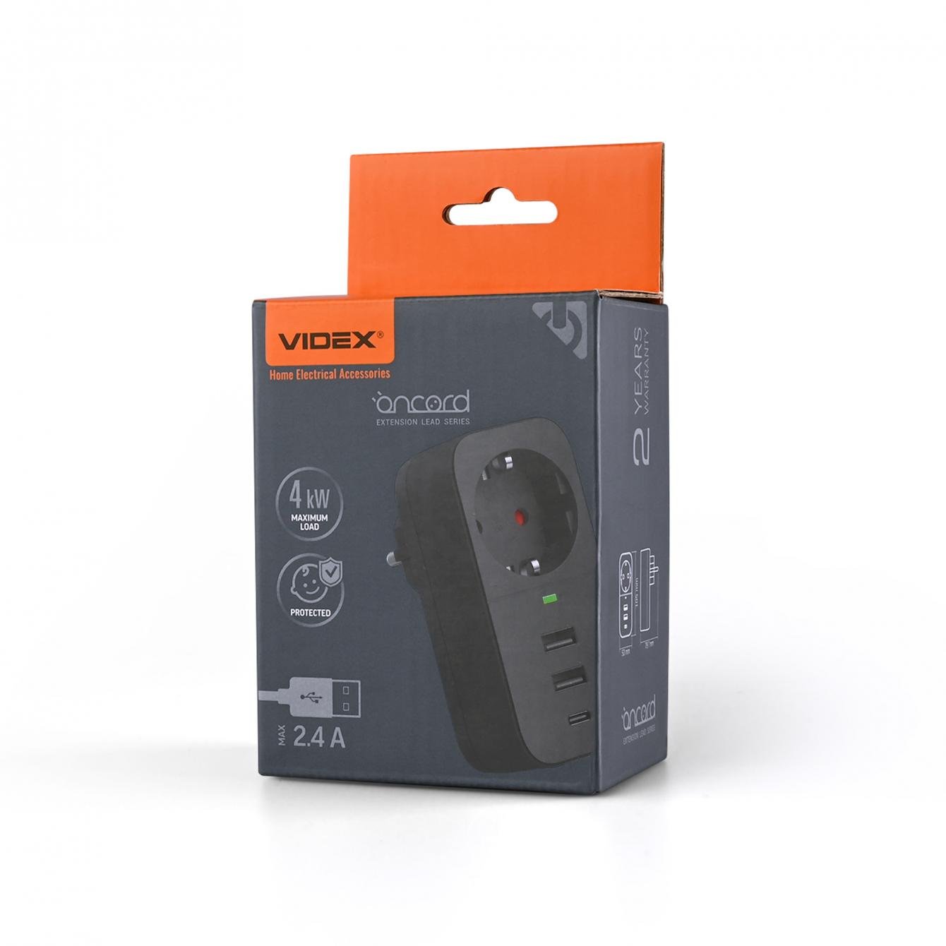 Сетевой адаптер VIDEX ONCORD с/с 1п 2,4A 2USB/USB-C Black