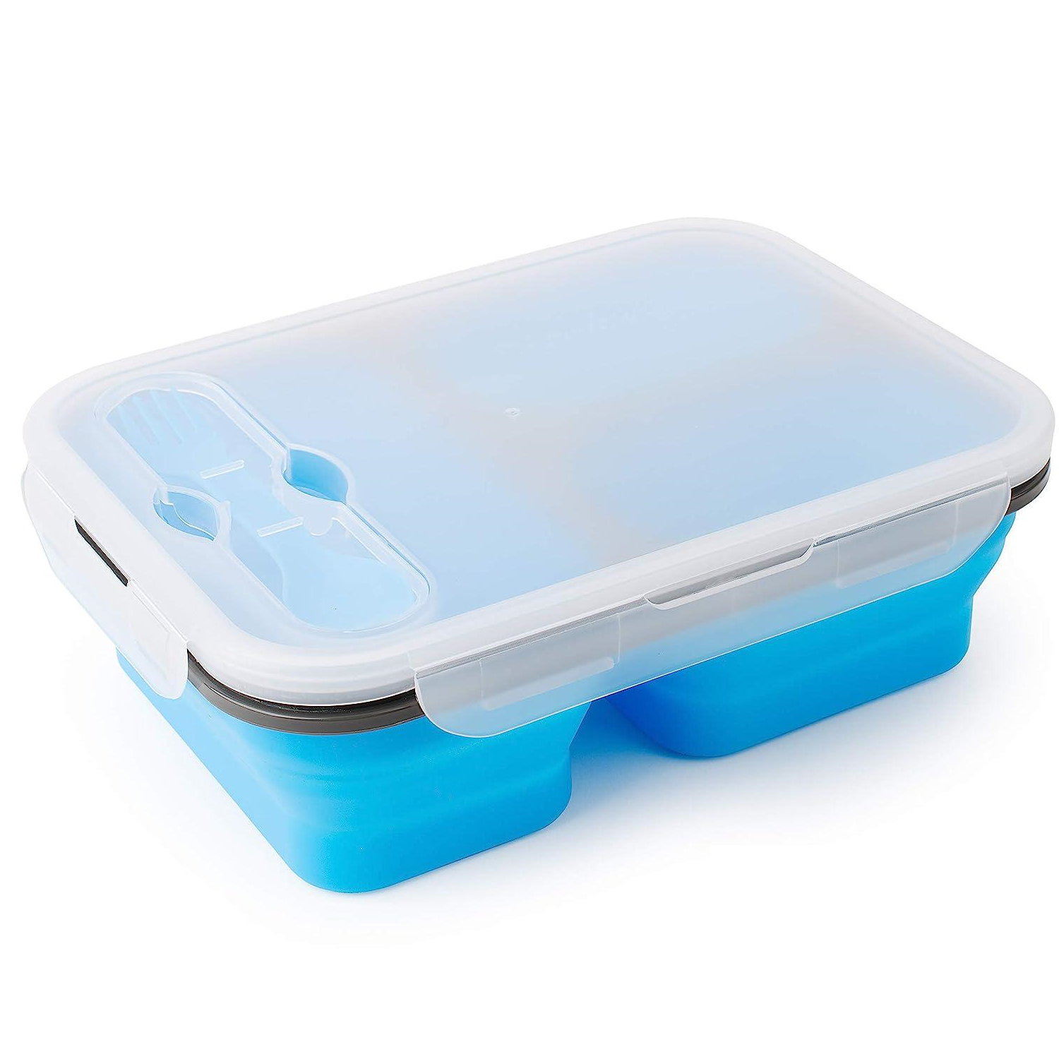 Ланч бокс складной Collapsible Silicone Lunch Box 3 секции со столовым прибором Синий