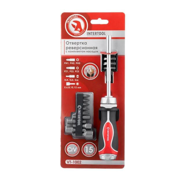 Викрутка реверсивна Intertool VT-1002 з комплектом насадок 15 од. (8345266)