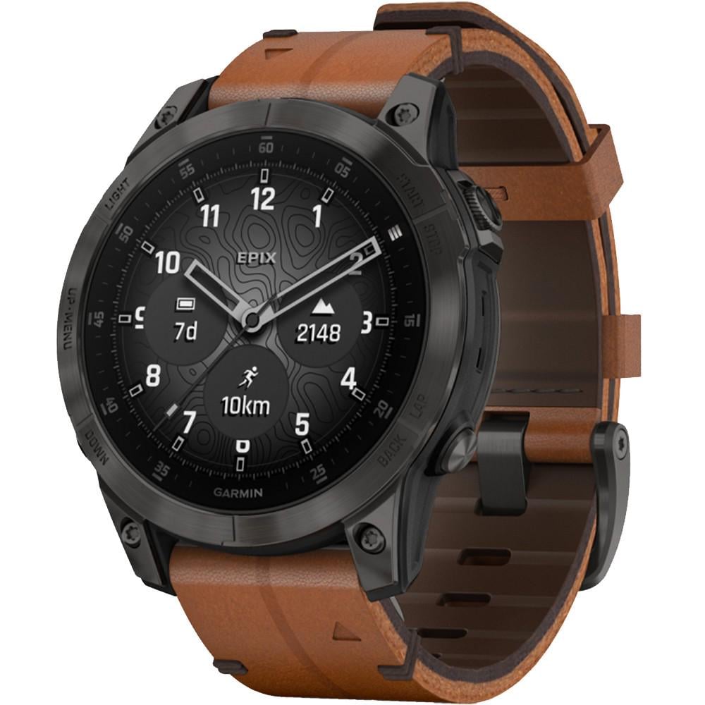 Смарт-годинник Garmin Epix 2 Sapphire Black/Carbon Gray with Chestnut leather band (010-02582-30)