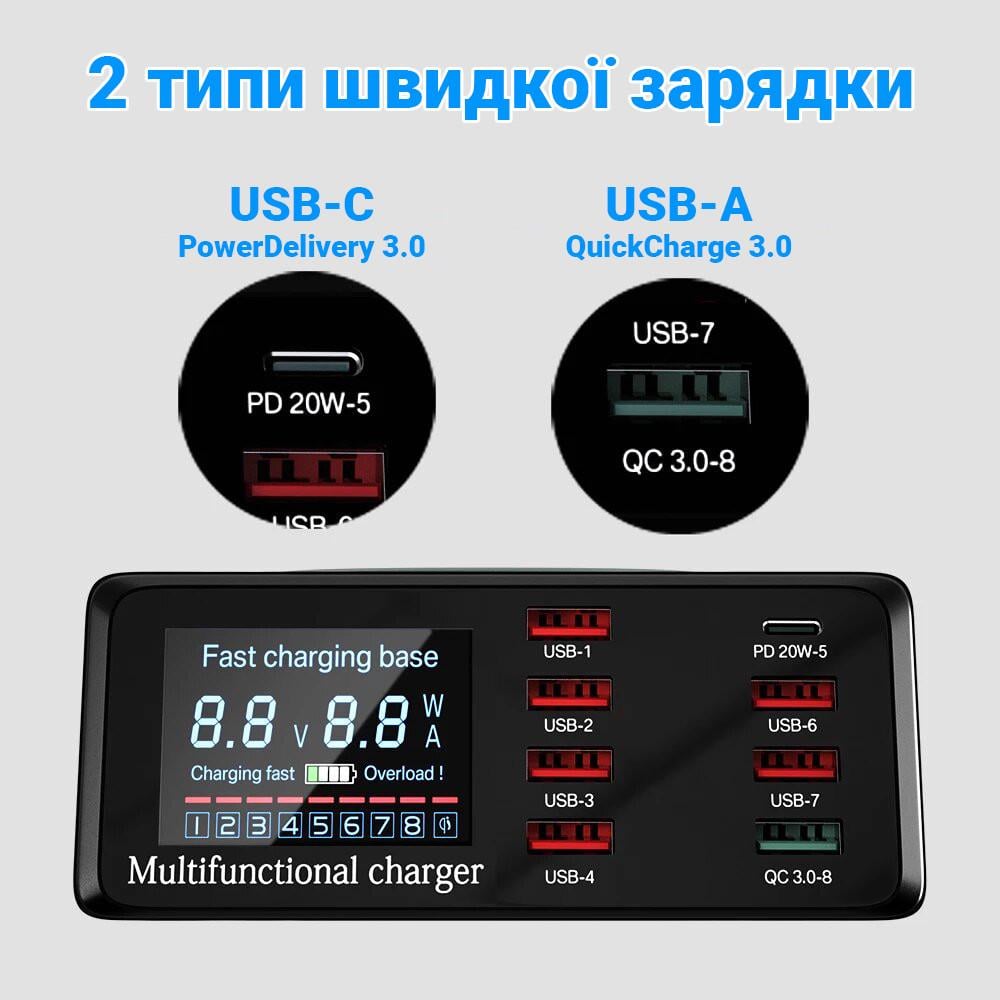 Мультизарядний пристрій з бездротовою зарядкою Digital Lion MCS-X9 8 USB 100 W - фото 9