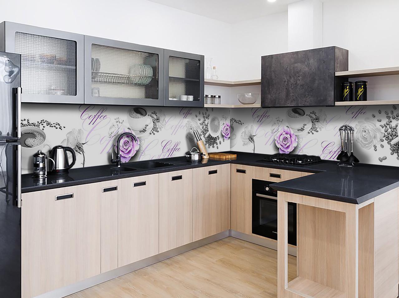 Кухонный фартук Кофе и розы из самоклеющейся виниловой пленки 60х250 см Серый