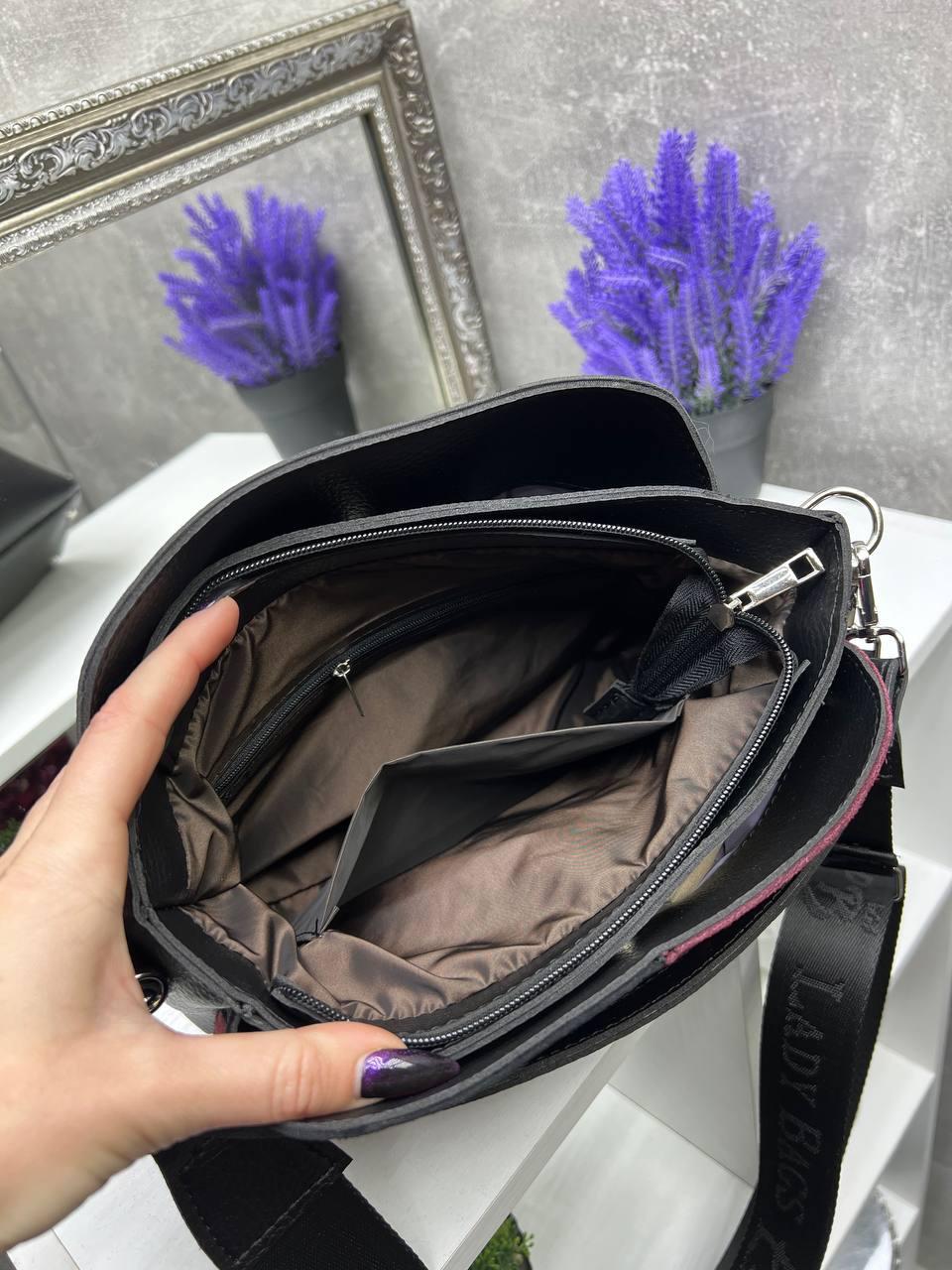 Сумка жіноча замшева через плече крос боді з широким ременем Чорний із червоним - фото 5