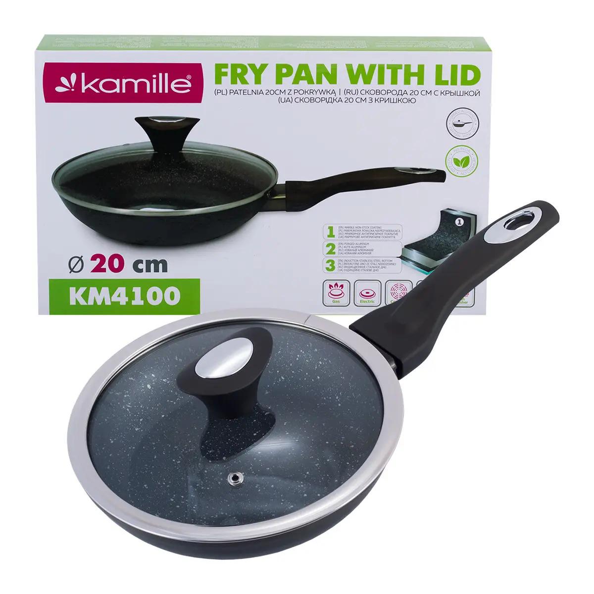 Сковорода Kamille из алюминия с антипригарным покрытием с крышкой для индукции и газа 20 см (KM-4100)