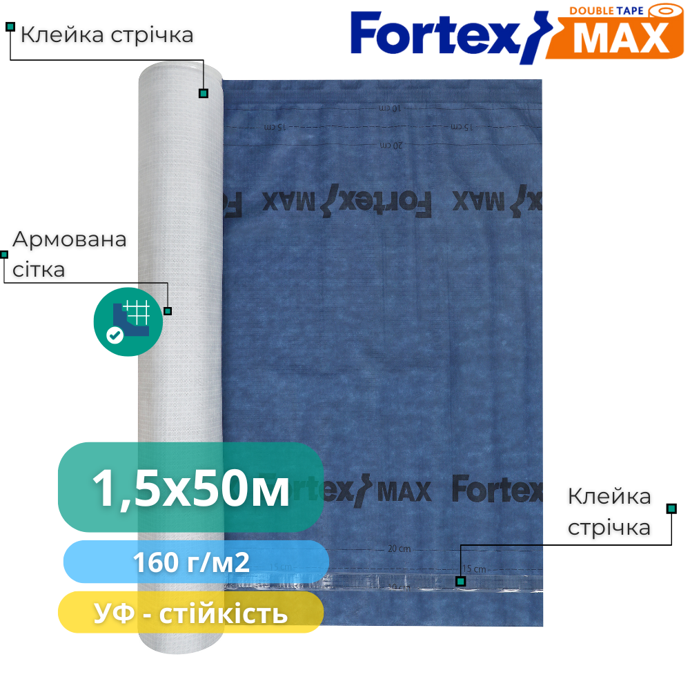 Плівка дифузійна Fortex Max 2 Tape 1,5x50 м 75 м2 160 г/м2 Синій/Сірий (390240) - фото 3