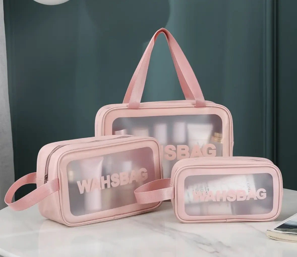 Комплект косметичок-органайзерів 3в1 водонепроникний прозорий Рожевий (2449069853)